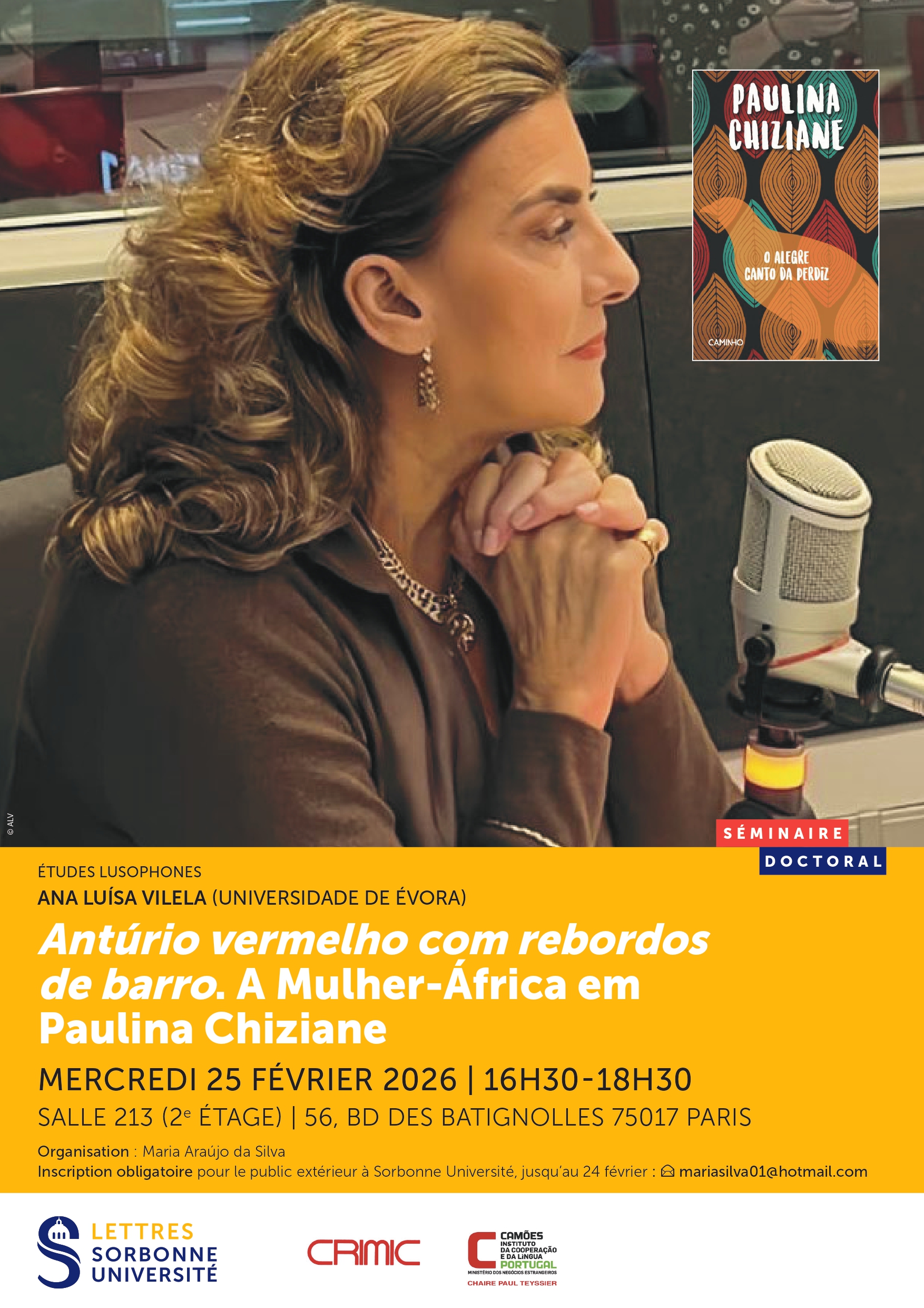 Séminaire doctoral des études lusophones : « Antúrio vermelho com rebordos de barro. A Mulher-África em Paulina Chiziane », par Ana Luísa Vilela